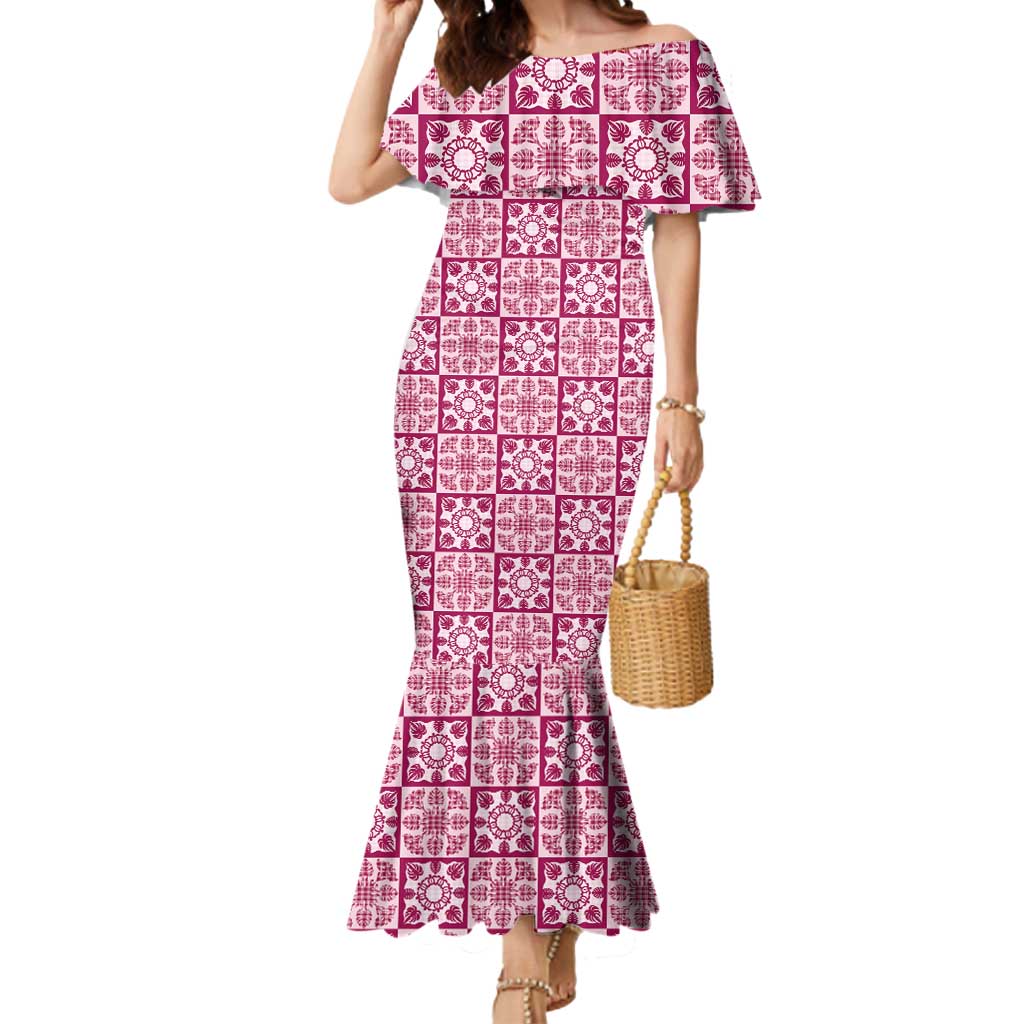 Akala Palaka Quilt Hawaii Mermaid Dress Hawaiian Tropical Monstera Sea Turtle LT14 Women Pink - Polynesian Pride