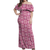 Akala Palaka Quilt Hawaii Off Shoulder Maxi Dress Hawaiian Tropical Monstera Sea Turtle LT14 Women Pink - Polynesian Pride