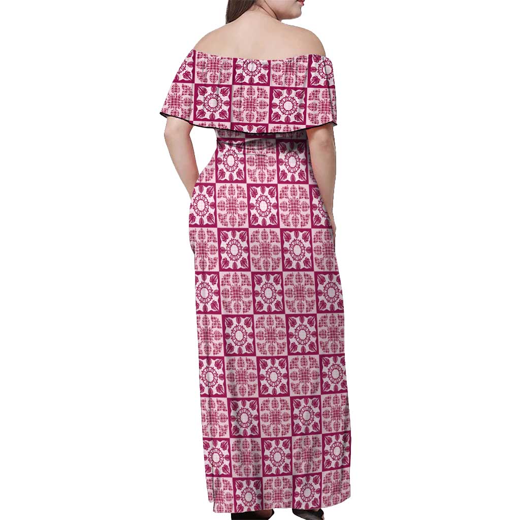 Akala Palaka Quilt Hawaii Off Shoulder Maxi Dress Hawaiian Tropical Monstera Sea Turtle LT14 - Polynesian Pride