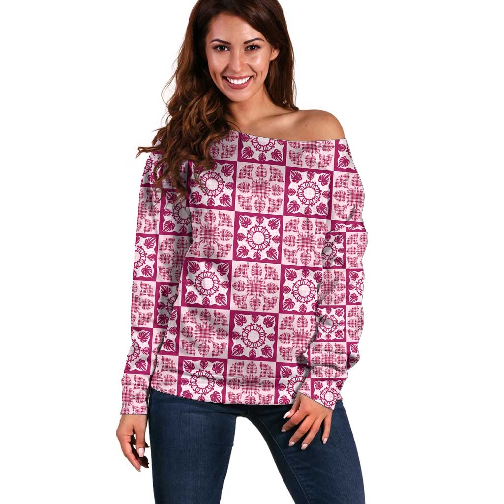 Akala Palaka Quilt Hawaii Off Shoulder Sweater Hawaiian Tropical Monstera Sea Turtle LT14 Women Pink - Polynesian Pride