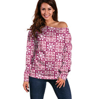Akala Palaka Quilt Hawaii Off Shoulder Sweater Hawaiian Tropical Monstera Sea Turtle LT14 Women Pink - Polynesian Pride