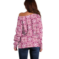 Akala Palaka Quilt Hawaii Off Shoulder Sweater Hawaiian Tropical Monstera Sea Turtle LT14 - Polynesian Pride