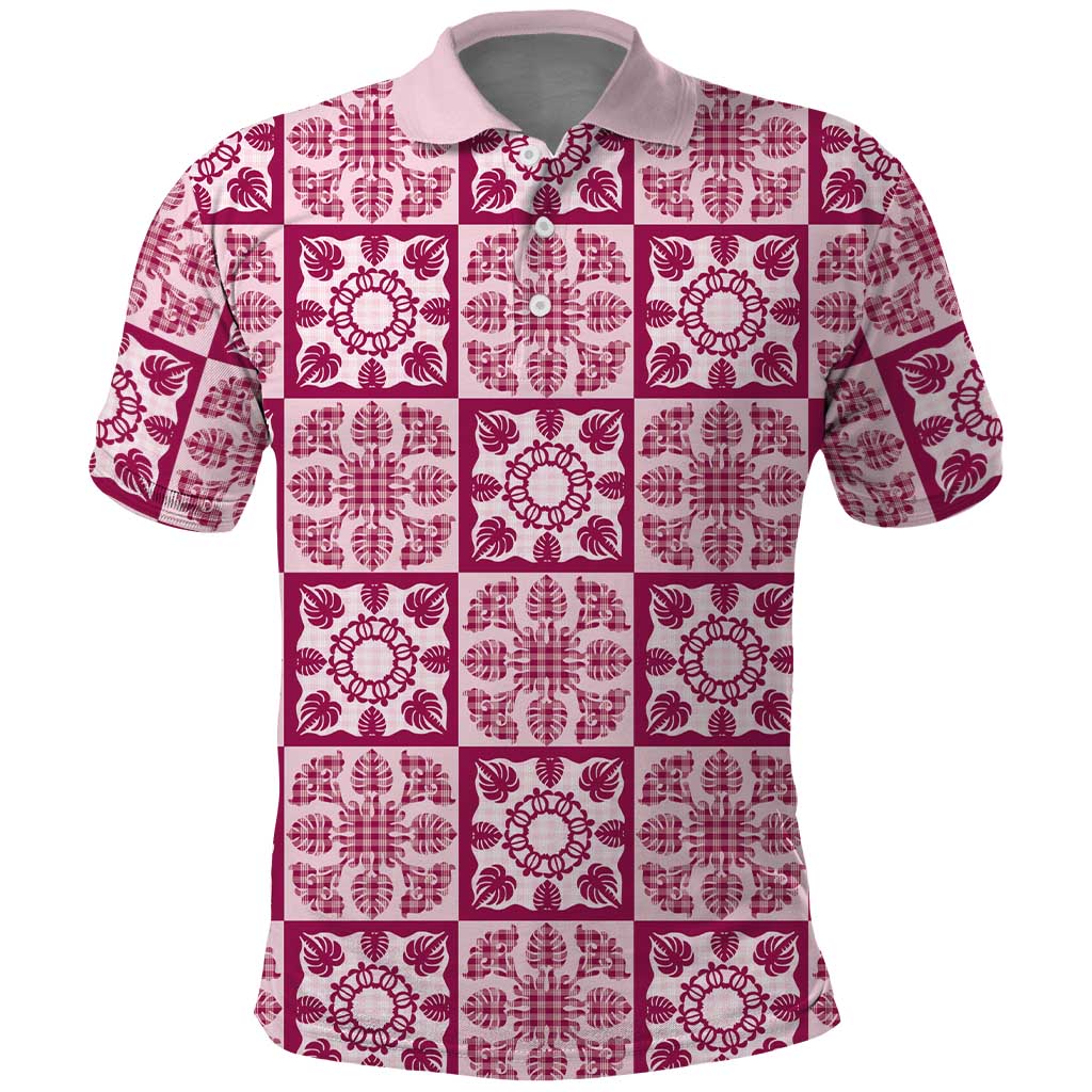 Akala Palaka Quilt Hawaii Polo Shirt Hawaiian Tropical Monstera Sea Turtle LT14 Pink - Polynesian Pride