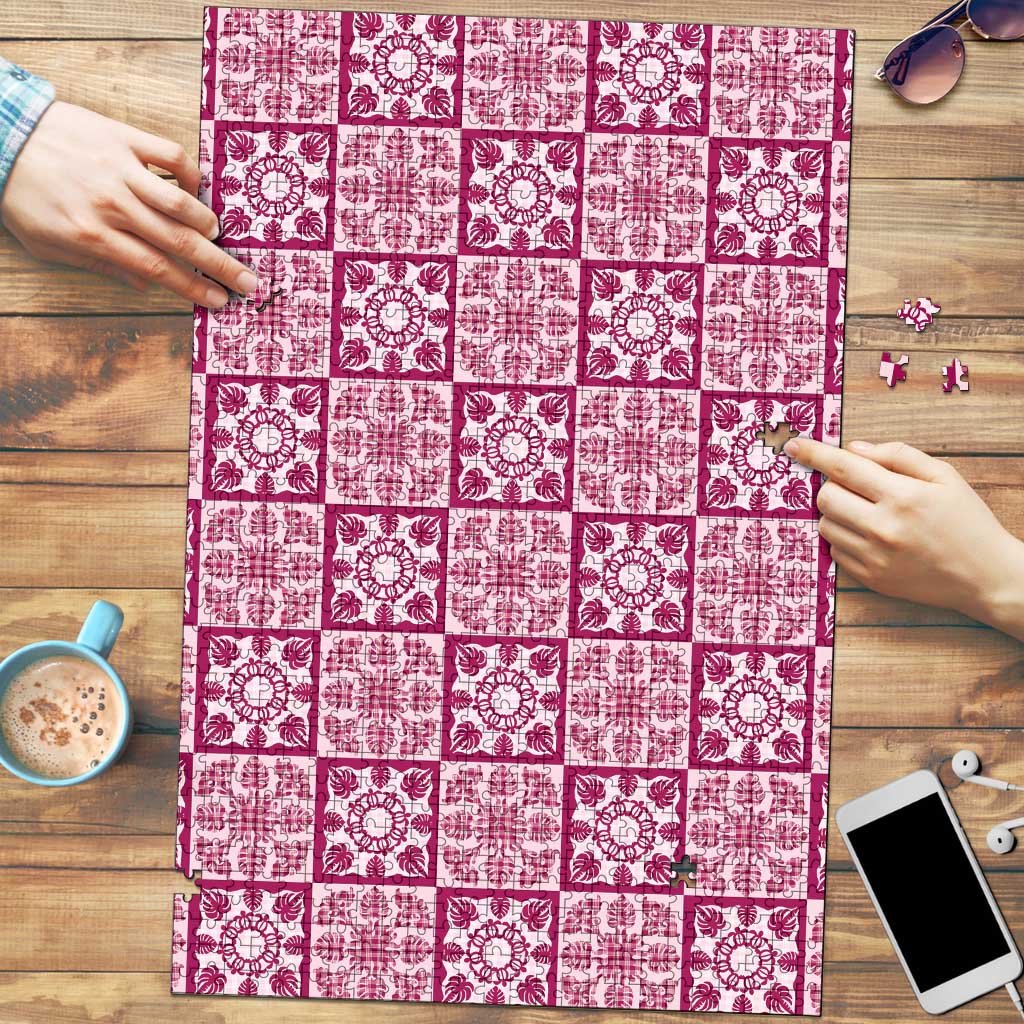 Akala Palaka Quilt Hawaii Puzzle Hawaiian Tropical Monstera Sea Turtle LT14 Pink - Polynesian Pride