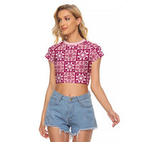 Akala Palaka Quilt Hawaii Raglan Cropped T Shirt Hawaiian Tropical Monstera Sea Turtle LT14 Female Pink - Polynesian Pride