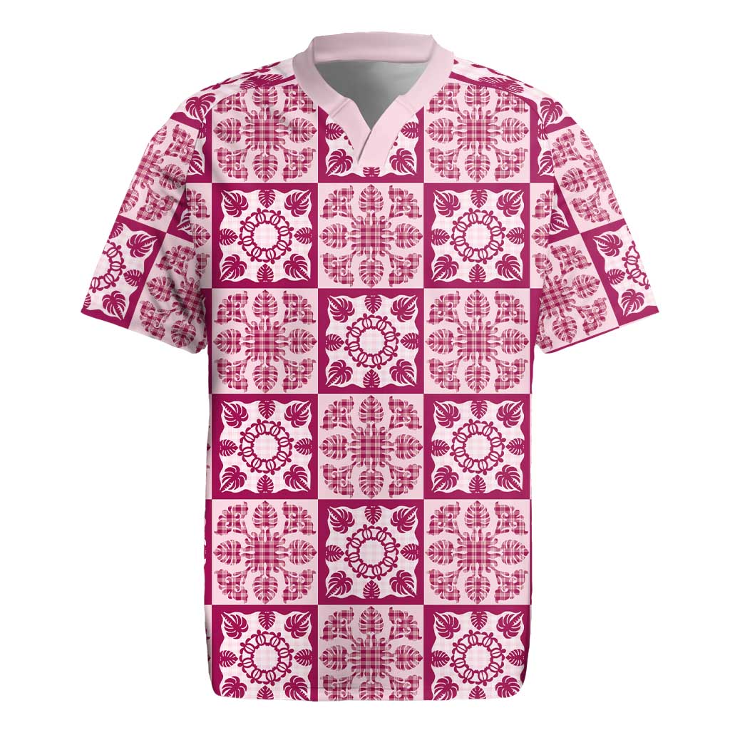 Akala Palaka Quilt Hawaii Rugby Jersey Hawaiian Tropical Monstera Sea Turtle LT14 Pink - Polynesian Pride