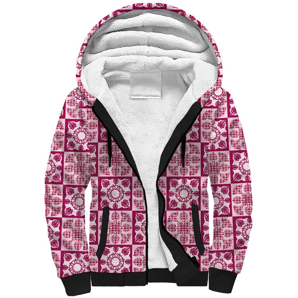 Akala Palaka Quilt Hawaii Sherpa Hoodie Hawaiian Tropical Monstera Sea Turtle LT14 Unisex Pink - Polynesian Pride