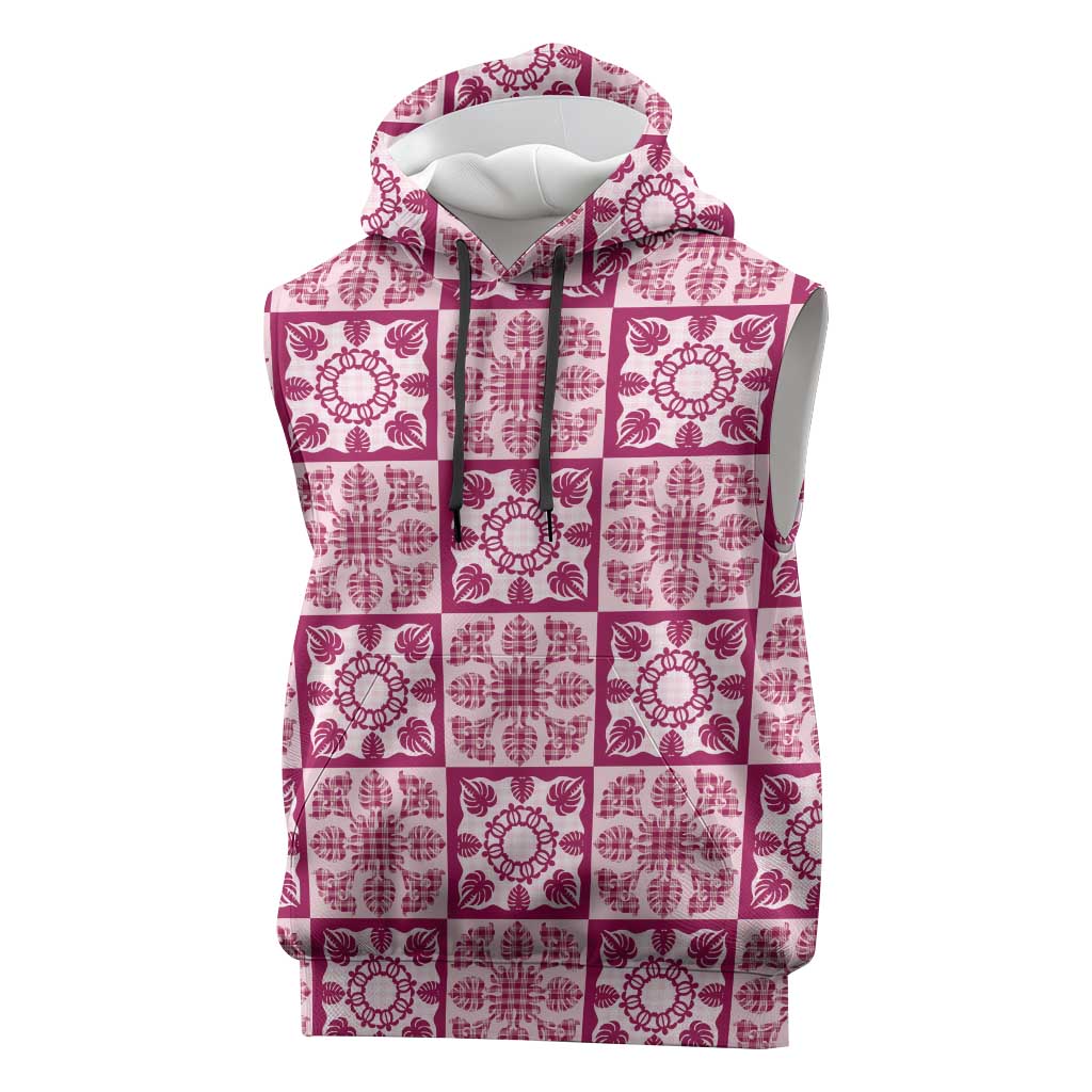 Akala Palaka Quilt Hawaii Sleeveless Hoodie Hawaiian Tropical Monstera Sea Turtle LT14 Pink - Polynesian Pride