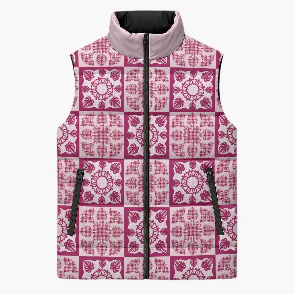 Akala Palaka Quilt Hawaii Sleeveless Puffer Jacket Hawaiian Tropical Monstera Sea Turtle LT14 Unisex Pink - Polynesian Pride