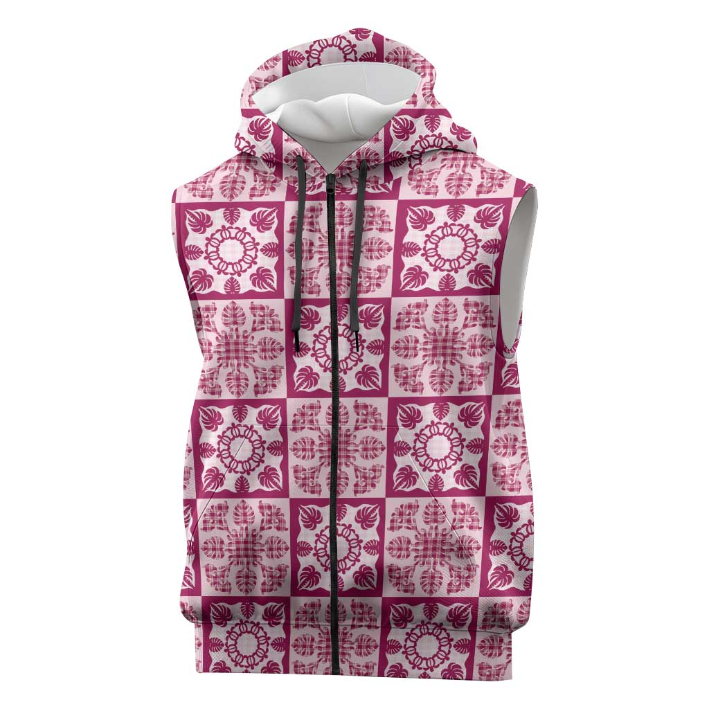 Akala Palaka Quilt Hawaii Sleeveless Zip Hoodie Hawaiian Tropical Monstera Sea Turtle
