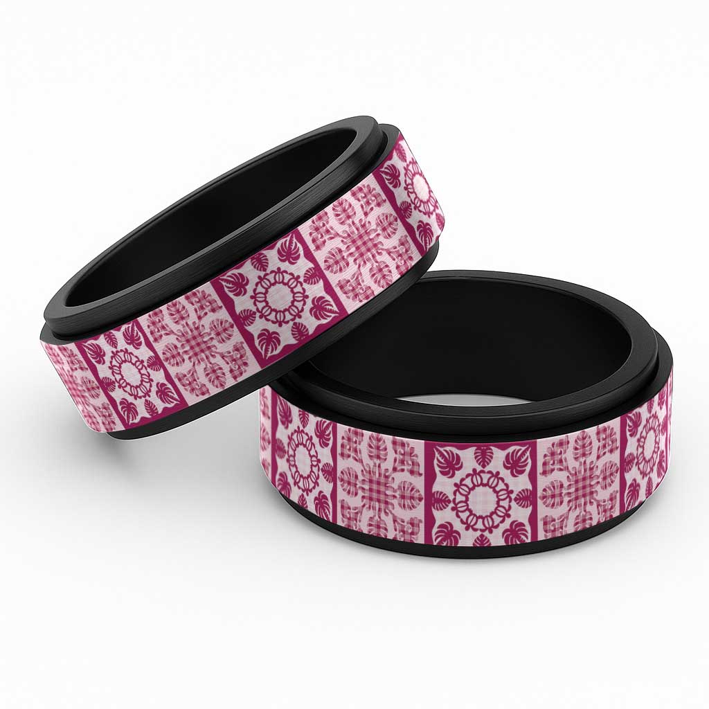 Akala Palaka Quilt Hawaii Spinner Ring Hawaiian Tropical Monstera Sea Turtle LT14 Black Pink - Polynesian Pride