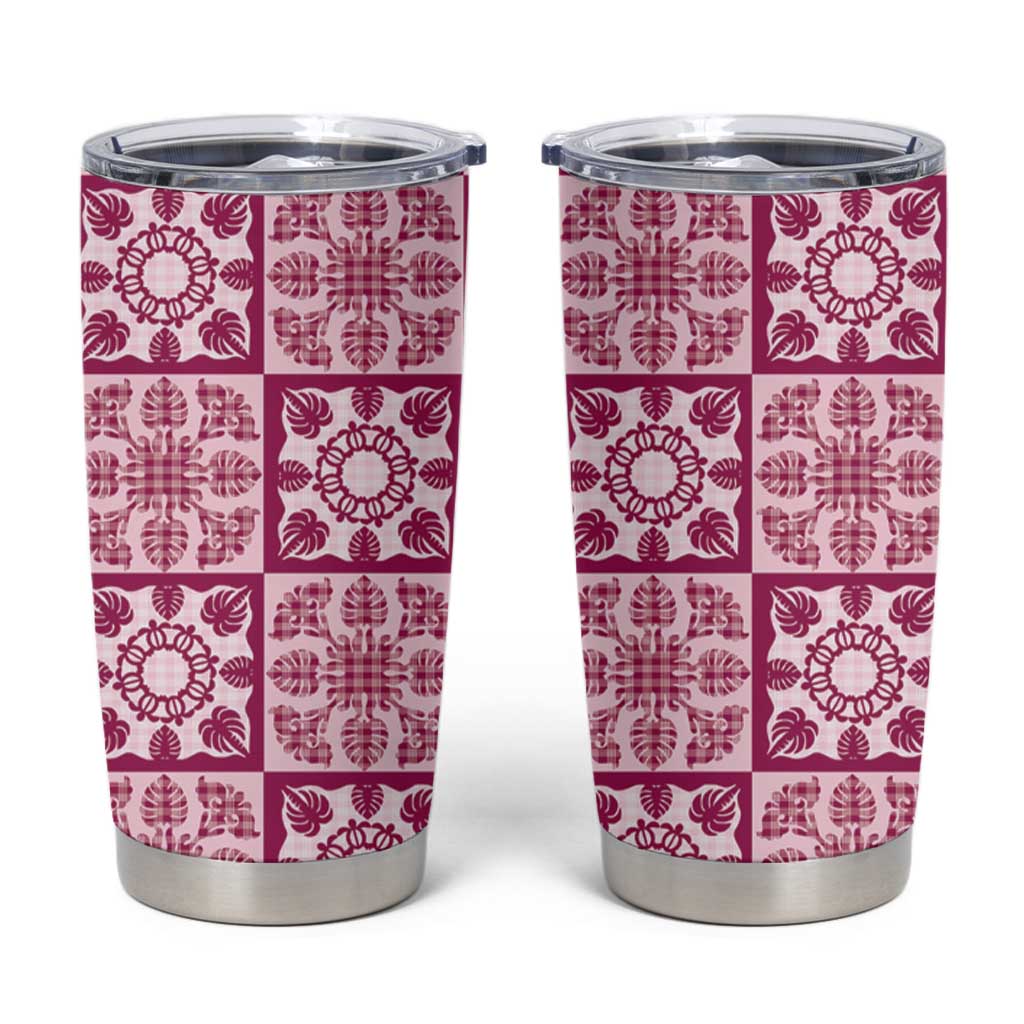 Akala Palaka Quilt Hawaii Tumbler Cup Hawaiian Tropical Monstera Sea Turtle LT14 Pink - Polynesian Pride