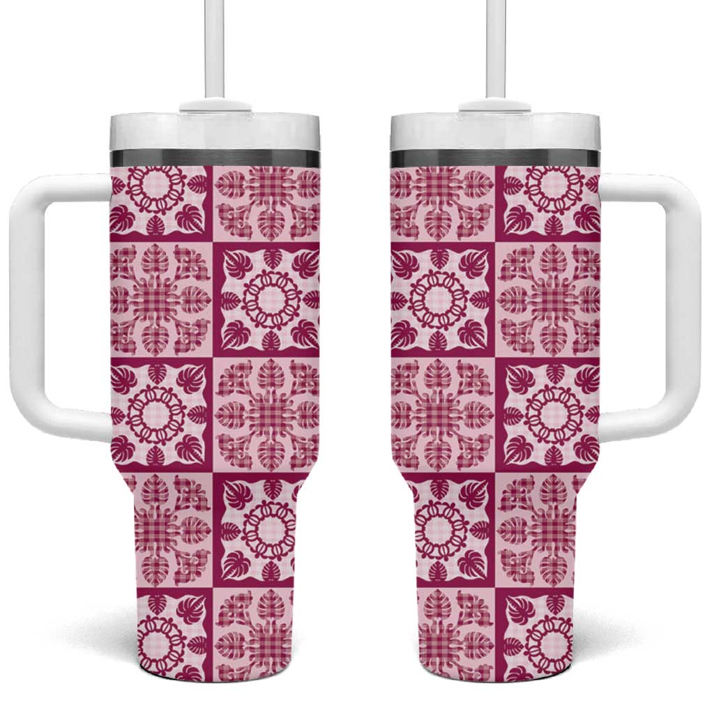Akala Palaka Quilt Hawaii Tumbler With Handle Hawaiian Tropical Monstera Sea Turtle LT14 One Size: 40 oz Pink - Polynesian Pride