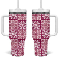 Akala Palaka Quilt Hawaii Tumbler With Handle Hawaiian Tropical Monstera Sea Turtle LT14 One Size: 40 oz Pink - Polynesian Pride