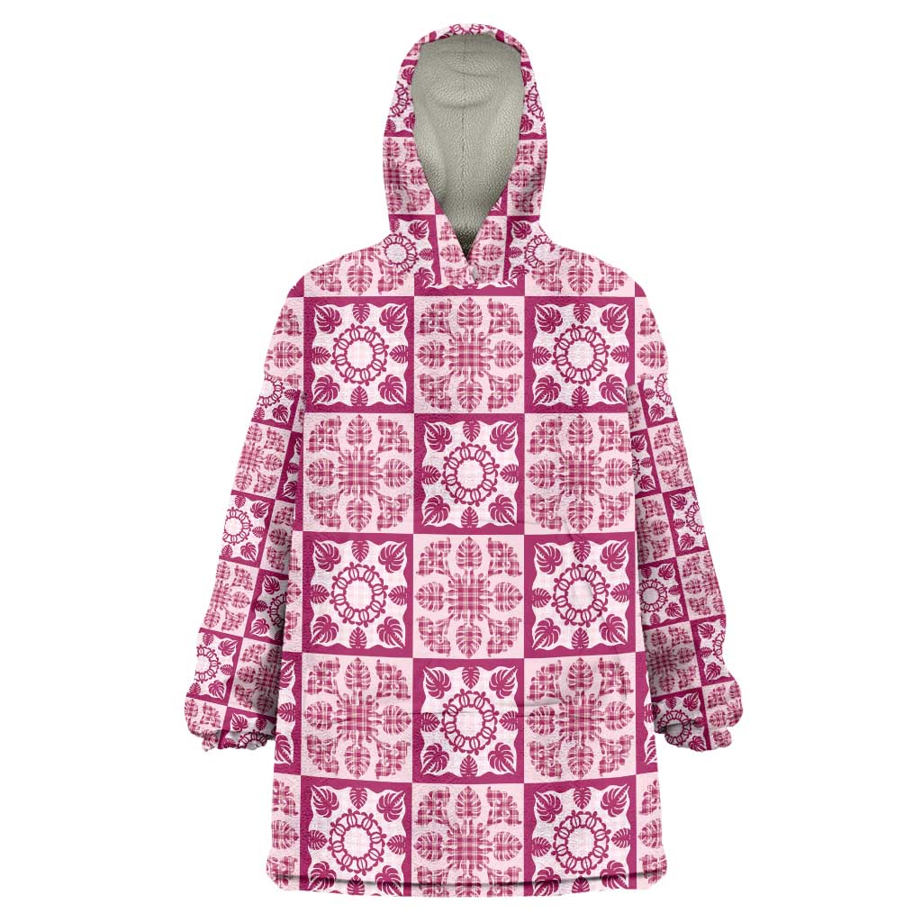 Akala Palaka Quilt Hawaii Wearable Blanket Hoodie Hawaiian Tropical Monstera Sea Turtle LT14 One Size Pink - Polynesian Pride