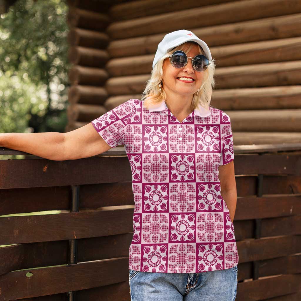 Akala Palaka Quilt Hawaii Women Polo Shirt Hawaiian Tropical Monstera Sea Turtle LT14 - Polynesian Pride