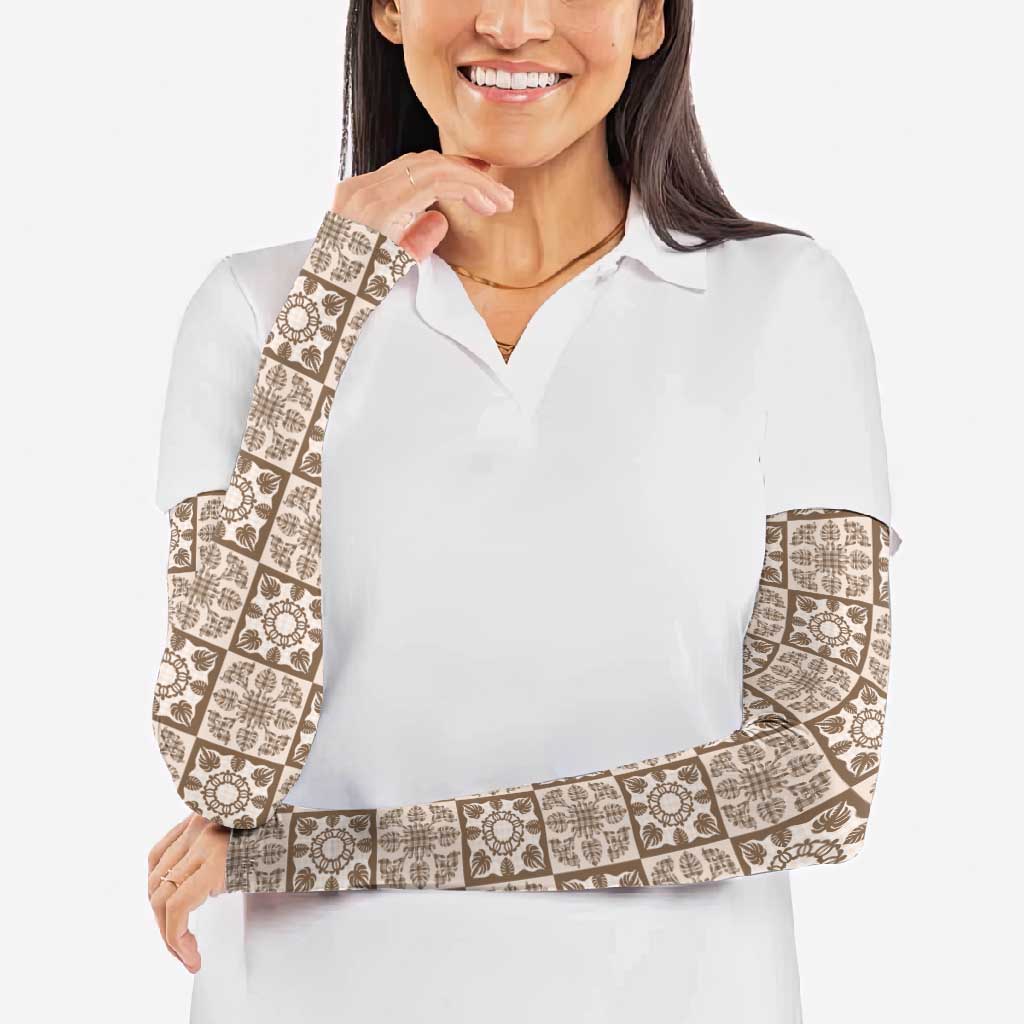 Beige Palaka Quilt Hawaii Arm Sleeves Hawaiian Tropical Monstera Sea Turtle LT14 - Polynesian Pride