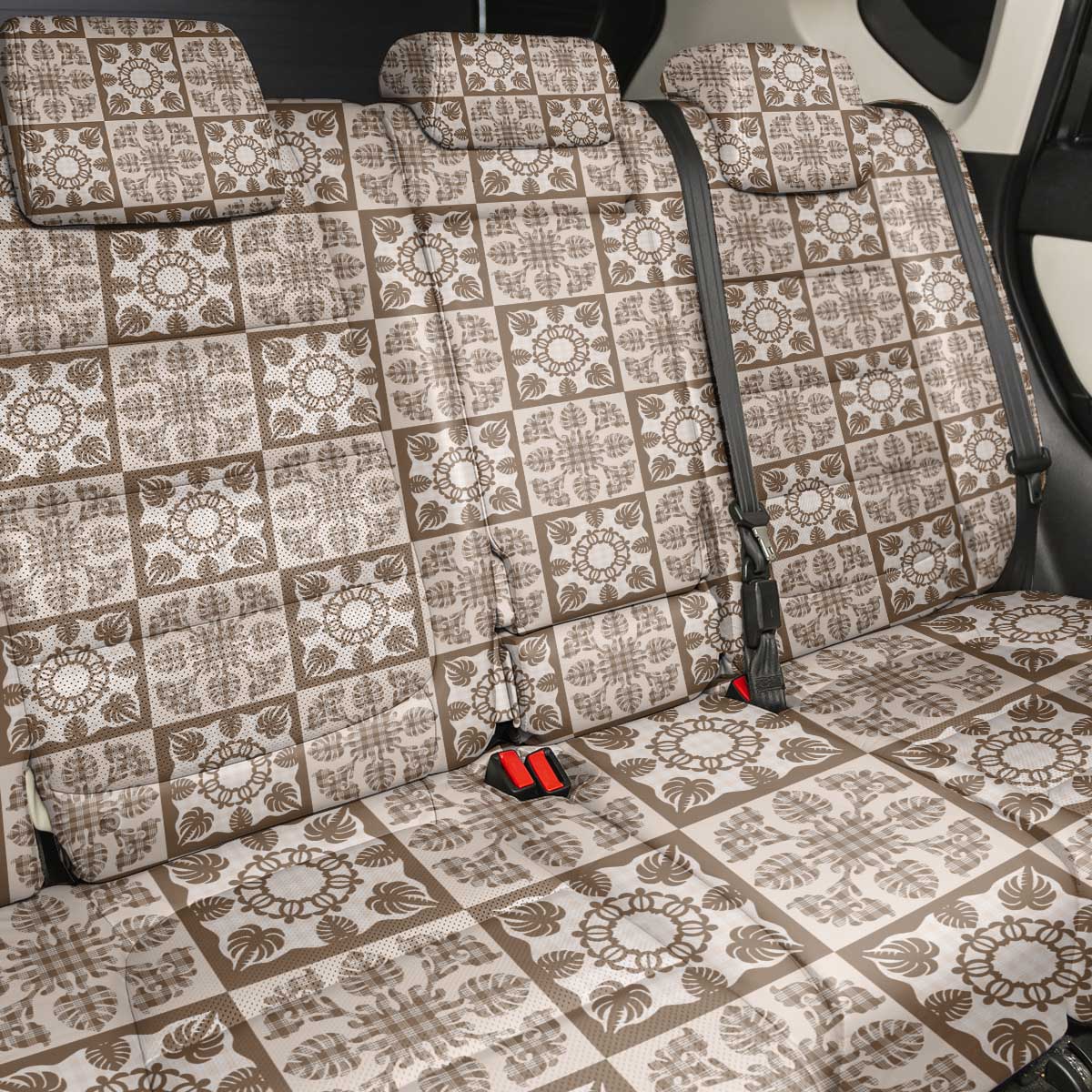 Beige Palaka Quilt Hawaii Back Car Seat Cover Hawaiian Tropical Monstera Sea Turtle