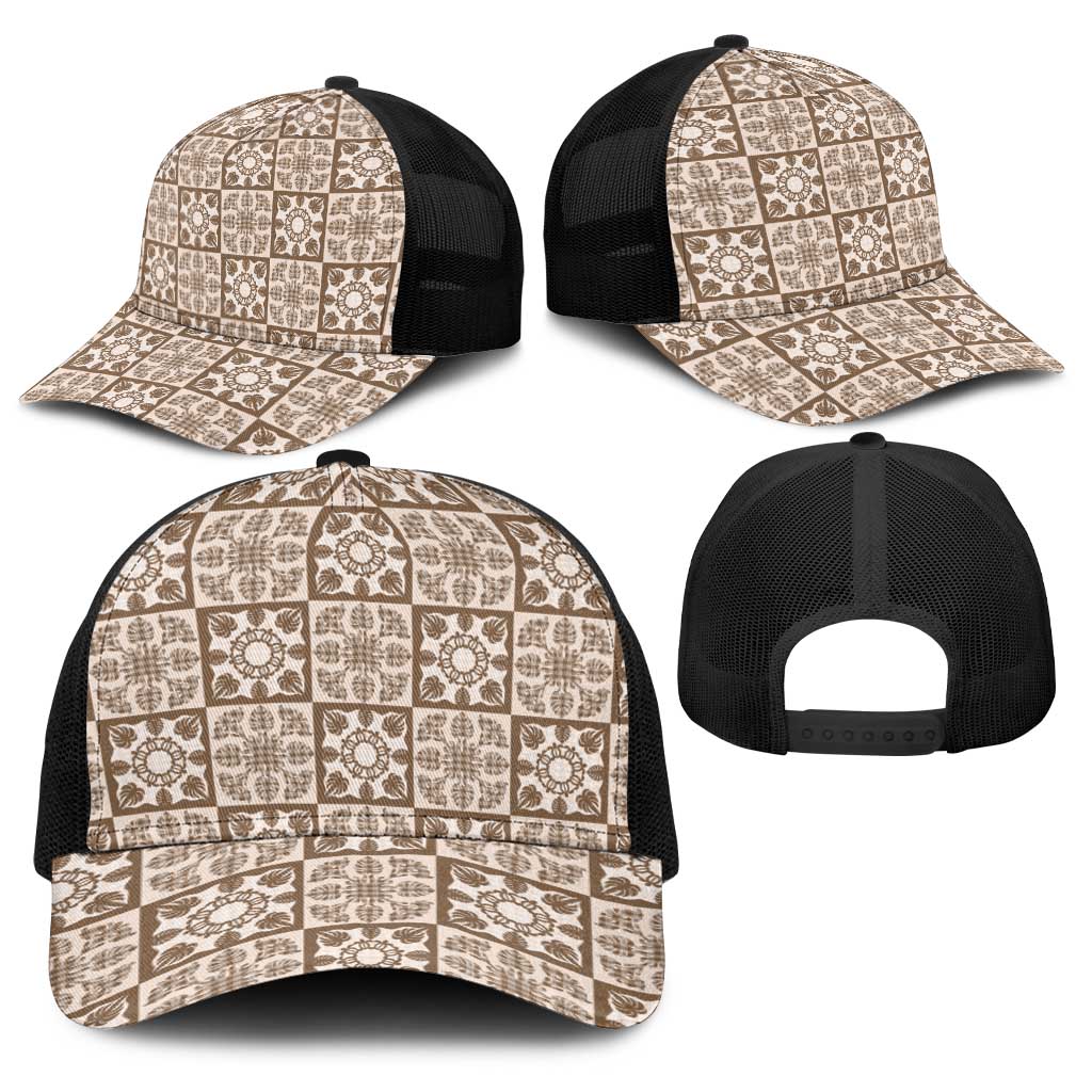 Beige Palaka Quilt Hawaii Baseball Net Cap Hawaiian Tropical Monstera Sea Turtle LT14 - Polynesian Pride