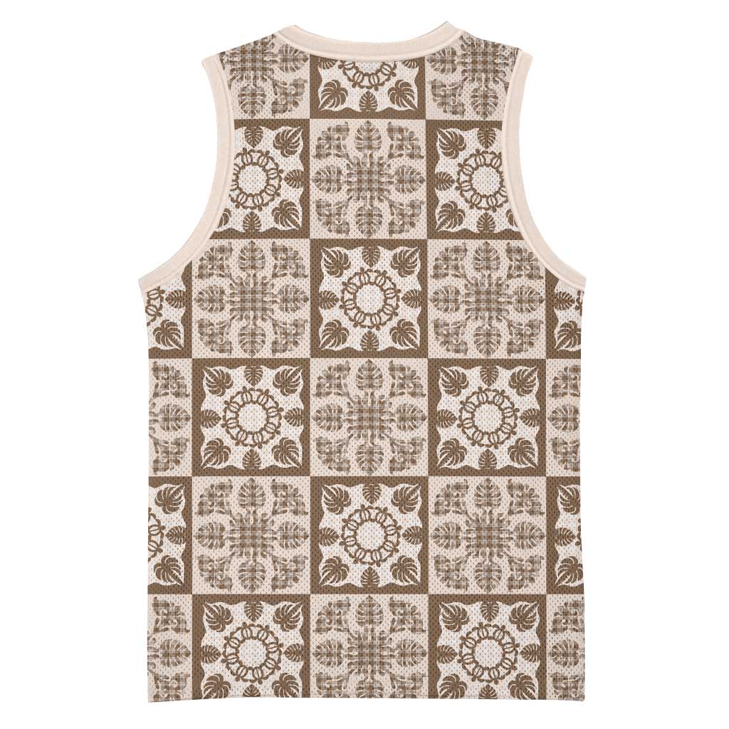 Beige Palaka Quilt Hawaii Basketball Jersey Hawaiian Tropical Monstera Sea Turtle LT14 - Polynesian Pride
