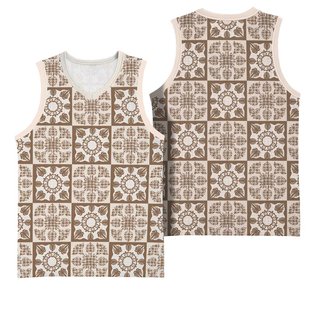 Beige Palaka Quilt Hawaii Basketball Jersey Hawaiian Tropical Monstera Sea Turtle LT14 - Polynesian Pride