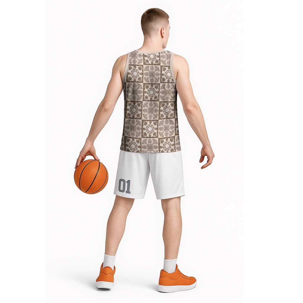 Beige Palaka Quilt Hawaii Basketball Jersey Hawaiian Tropical Monstera Sea Turtle LT14 - Polynesian Pride