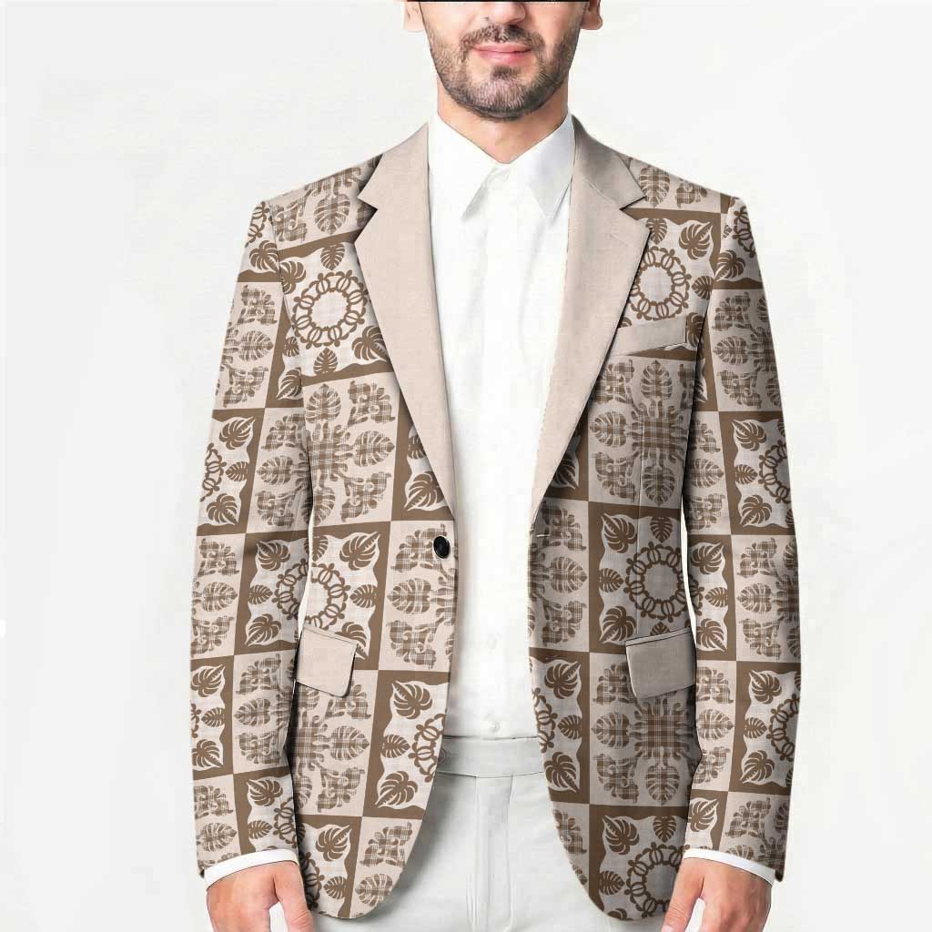 Beige Palaka Quilt Hawaii Blazer Hawaiian Tropical Monstera Sea Turtle LT14 - Polynesian Pride