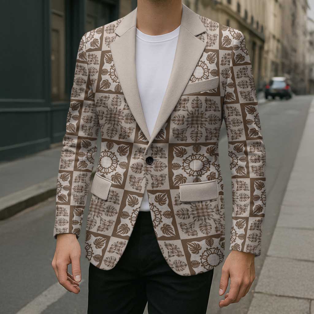 Beige Palaka Quilt Hawaii Blazer Hawaiian Tropical Monstera Sea Turtle LT14 - Polynesian Pride