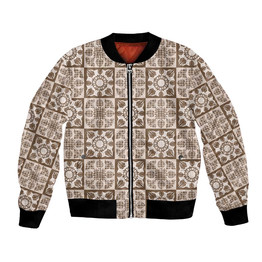 Beige Palaka Quilt Hawaii Bomber Jacket Hawaiian Tropical Monstera Sea Turtle LT14 Unisex Beige - Polynesian Pride