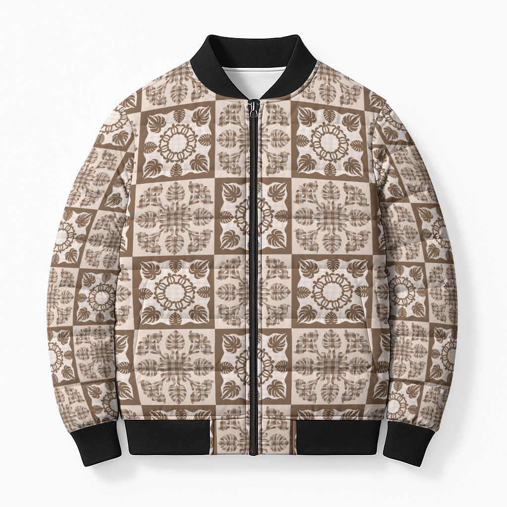 Beige Palaka Quilt Hawaii Bomber Puffer Jacket Hawaiian Tropical Monstera Sea Turtle LT14 Unisex Beige - Polynesian Pride