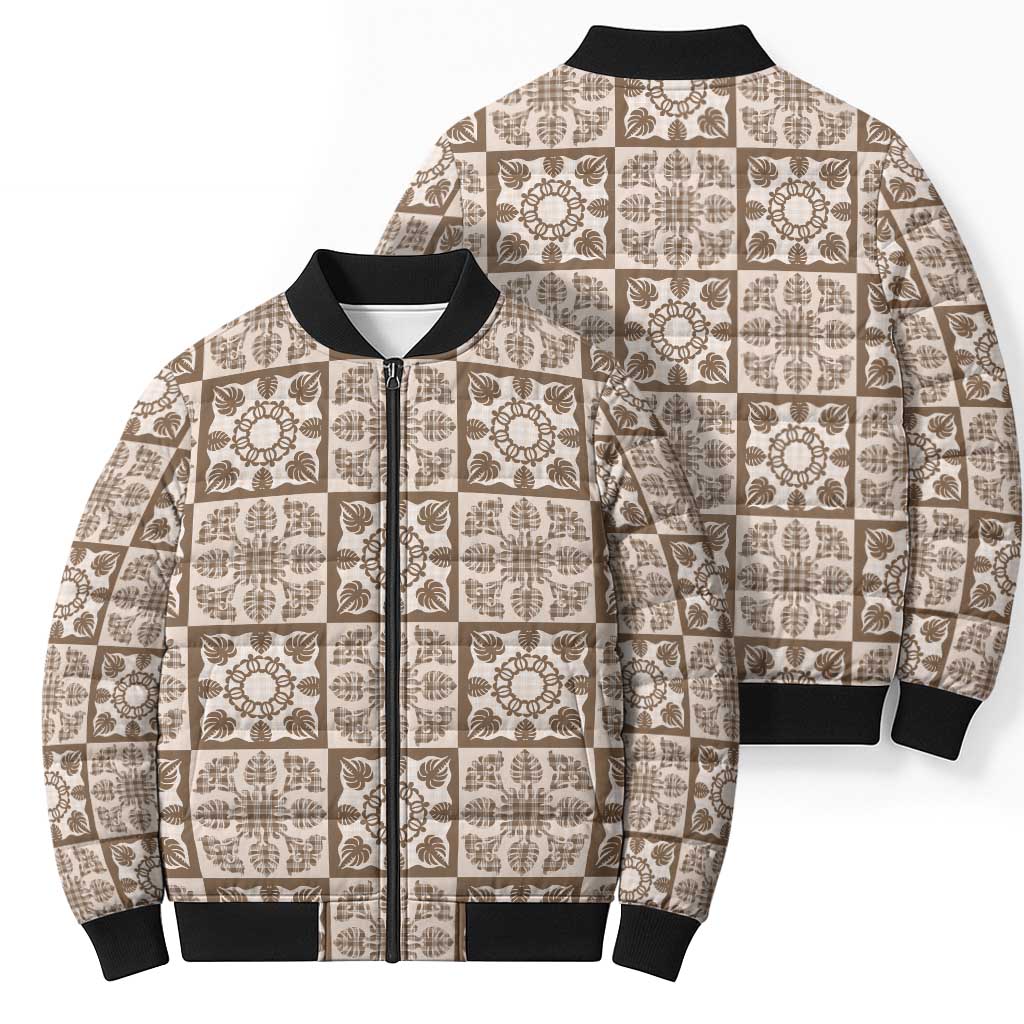 Beige Palaka Quilt Hawaii Bomber Puffer Jacket Hawaiian Tropical Monstera Sea Turtle LT14 - Polynesian Pride