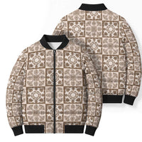 Beige Palaka Quilt Hawaii Bomber Puffer Jacket Hawaiian Tropical Monstera Sea Turtle LT14 - Polynesian Pride