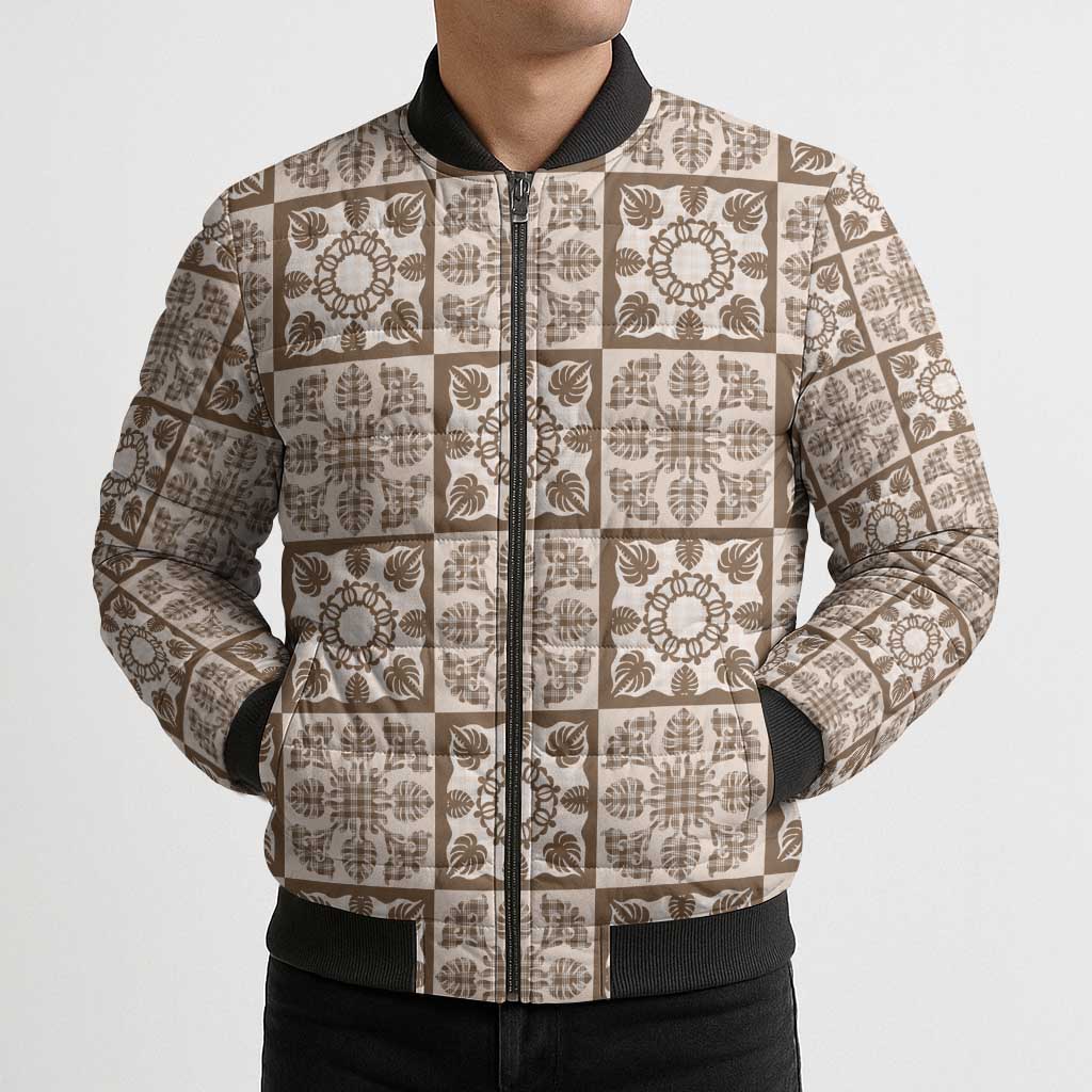 Beige Palaka Quilt Hawaii Bomber Puffer Jacket Hawaiian Tropical Monstera Sea Turtle LT14 - Polynesian Pride