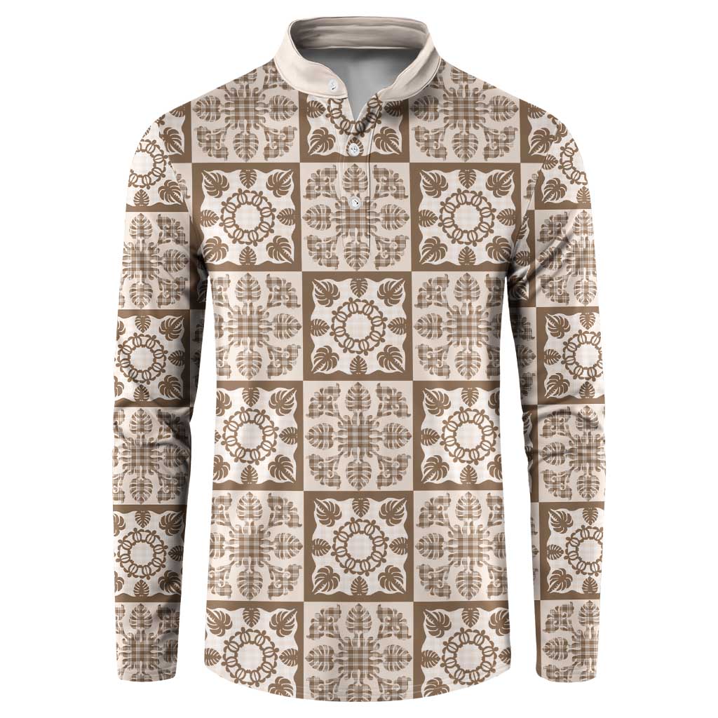 Beige Palaka Quilt Hawaii Button Sweatshirt Hawaiian Tropical Monstera Sea Turtle LT14 Beige - Polynesian Pride