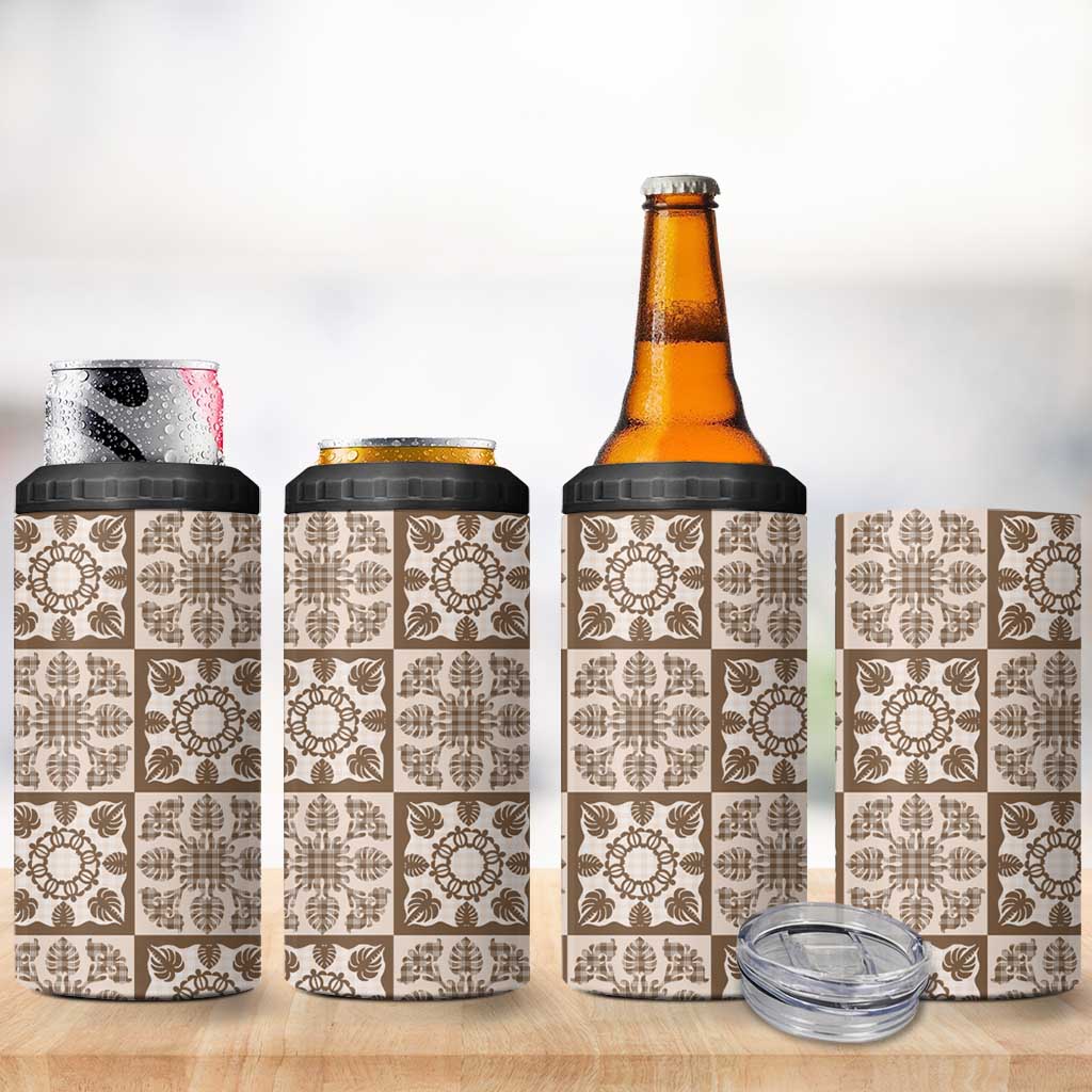 Beige Palaka Quilt Hawaii 4 in 1 Can Cooler Tumbler Hawaiian Tropical Monstera Sea Turtle
