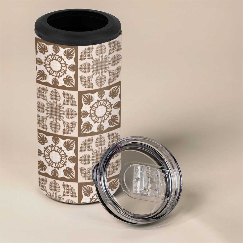 Beige Palaka Quilt Hawaii 4 in 1 Can Cooler Tumbler Hawaiian Tropical Monstera Sea Turtle