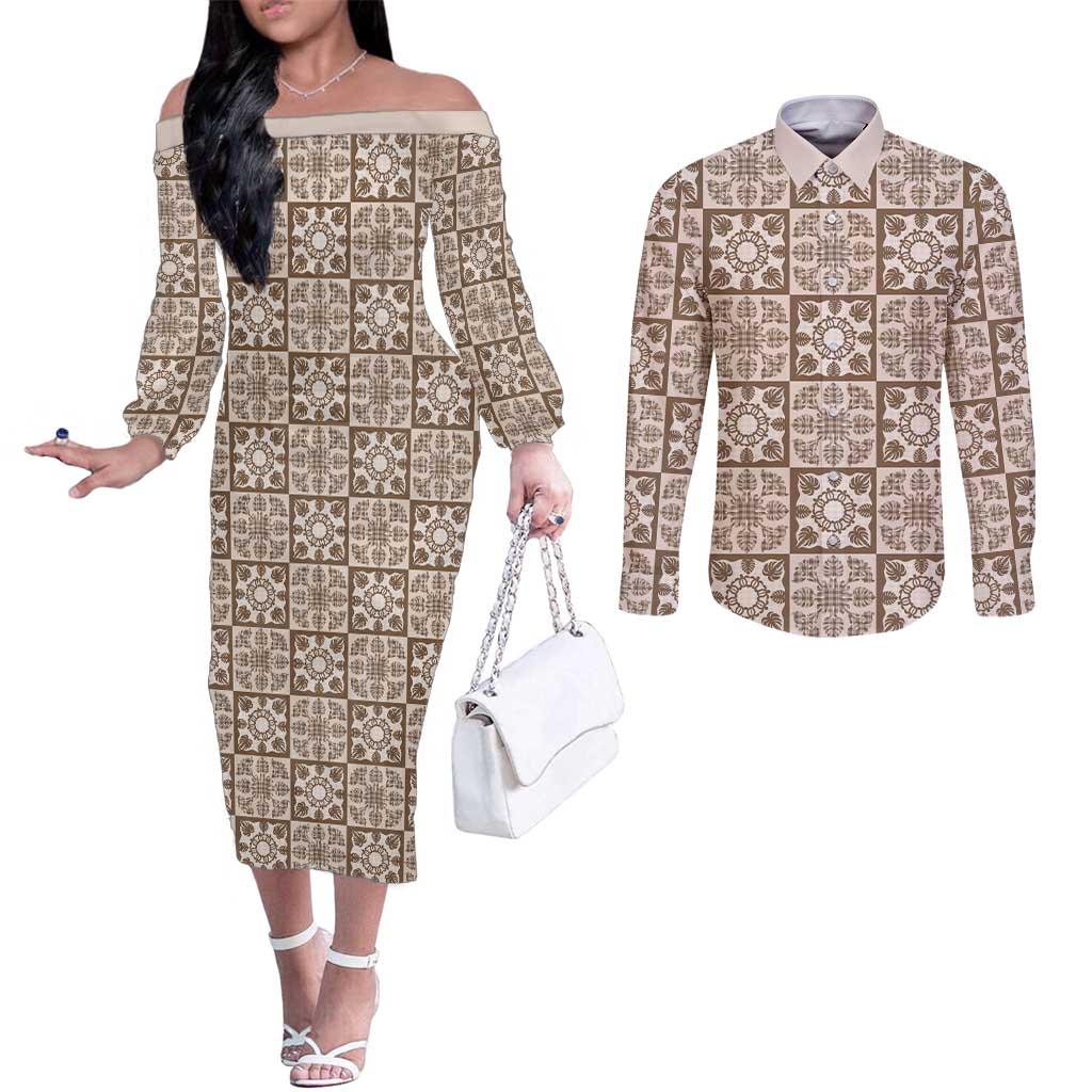 Beige Palaka Quilt Hawaii Couples Matching Off The Shoulder Long Sleeve Dress and Long Sleeve Button Shirt Hawaiian Tropical Monstera Sea Turtle