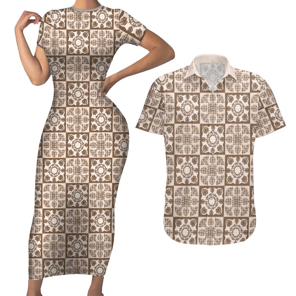 Beige Palaka Quilt Hawaii Couples Matching Short Sleeve Bodycon Dress and Hawaiian Shirt Hawaiian Tropical Monstera Sea Turtle