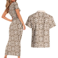 Beige Palaka Quilt Hawaii Couples Matching Short Sleeve Bodycon Dress and Hawaiian Shirt Hawaiian Tropical Monstera Sea Turtle