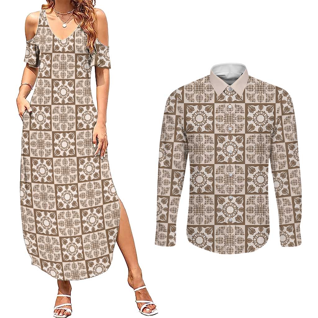 Beige Palaka Quilt Hawaii Couples Matching Summer Maxi Dress and Long Sleeve Button Shirt Hawaiian Tropical Monstera Sea Turtle
