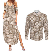 Beige Palaka Quilt Hawaii Couples Matching Summer Maxi Dress and Long Sleeve Button Shirt Hawaiian Tropical Monstera Sea Turtle