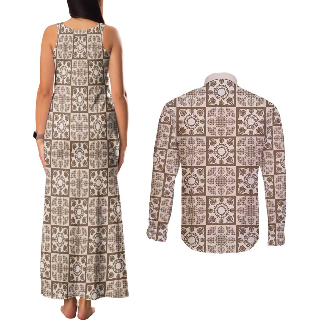 Beige Palaka Quilt Hawaii Couples Matching Tank Maxi Dress and Long Sleeve Button Shirt Hawaiian Tropical Monstera Sea Turtle