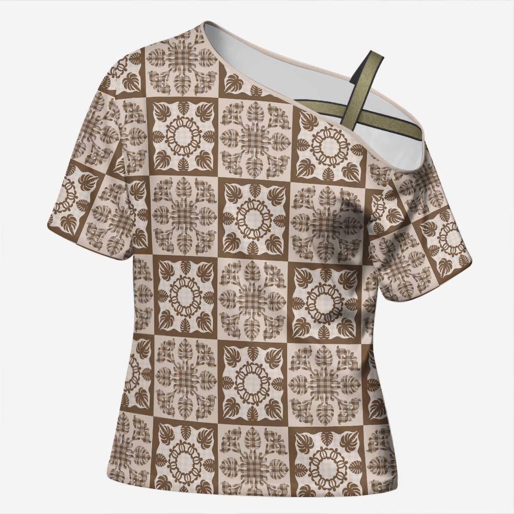 Beige Palaka Quilt Hawaii Cross Shoulder Shirt Hawaiian Tropical Monstera Sea Turtle LT14 Female Beige - Polynesian Pride