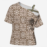 Beige Palaka Quilt Hawaii Cross Shoulder Shirt Hawaiian Tropical Monstera Sea Turtle LT14 Female Beige - Polynesian Pride