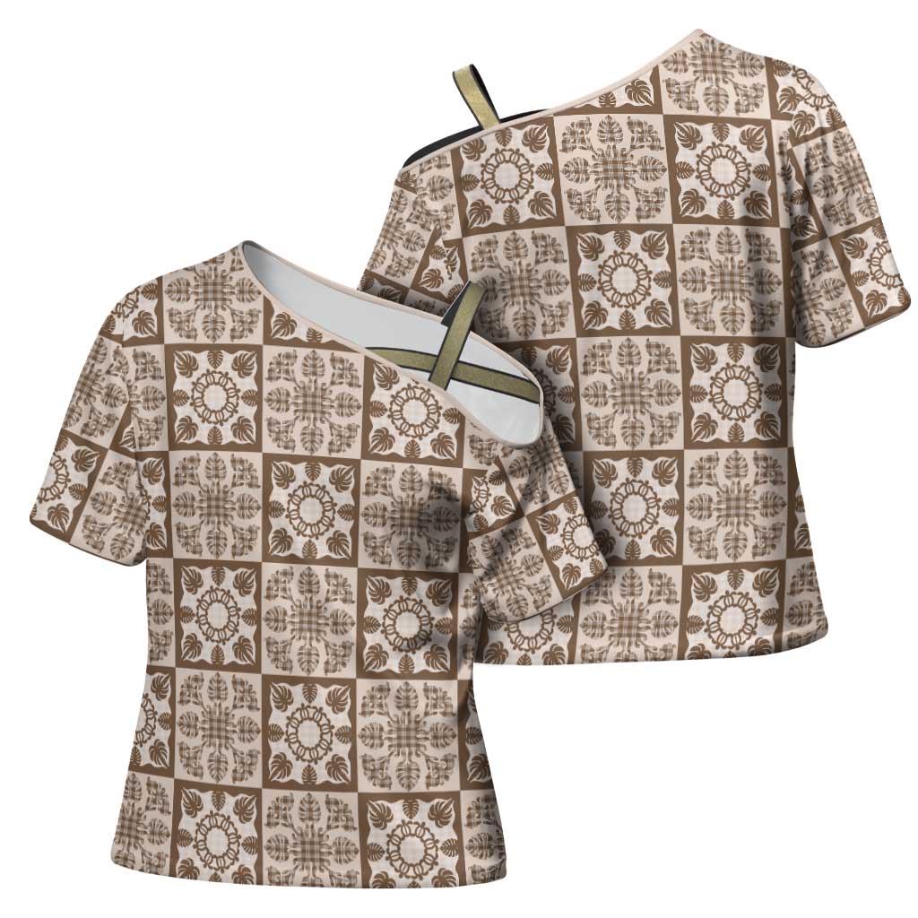 Beige Palaka Quilt Hawaii Cross Shoulder Shirt Hawaiian Tropical Monstera Sea Turtle LT14 - Polynesian Pride