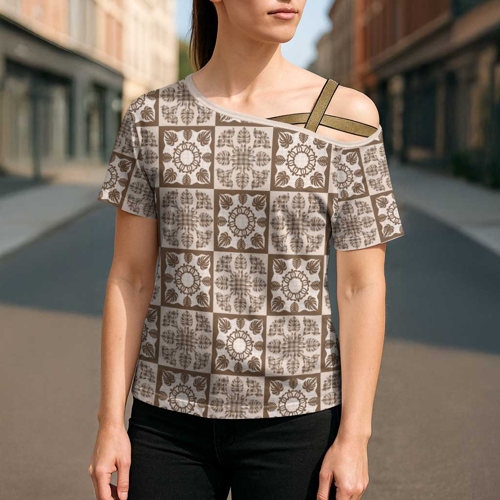 Beige Palaka Quilt Hawaii Cross Shoulder Shirt Hawaiian Tropical Monstera Sea Turtle LT14 - Polynesian Pride