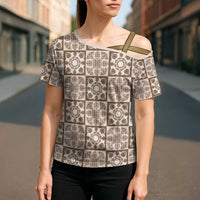 Beige Palaka Quilt Hawaii Cross Shoulder Shirt Hawaiian Tropical Monstera Sea Turtle LT14 - Polynesian Pride