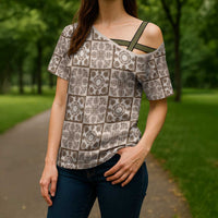 Beige Palaka Quilt Hawaii Cross Shoulder Shirt Hawaiian Tropical Monstera Sea Turtle LT14 - Polynesian Pride