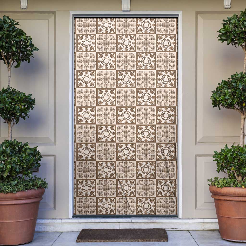 Beige Palaka Quilt Hawaii Door Cover Hawaiian Tropical Monstera Sea Turtle