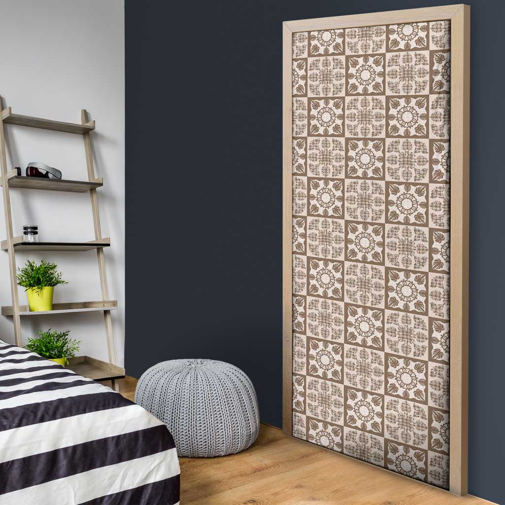 Beige Palaka Quilt Hawaii Door Cover Hawaiian Tropical Monstera Sea Turtle